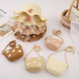 Wide Brim Hats Lace Bow Flower Kids Straw Hat Crossbody Bag Set Baby Outdoor Sun Summer Beach Rattan SHT015