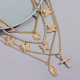 Chains 2023 Golden Butterfly Rhinestone Tennis Chain Necklace For Women Multi-layer Portrait Cross Pendant Trendy Jewellery