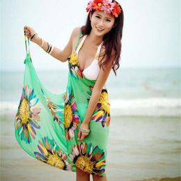 Cover-up Chiffon Printed Coverups Sexy Beach Dress Women Halter Sling Chiffon Beach Towel Bikini Wrap Pareo Skirts OpenBack Swimwear