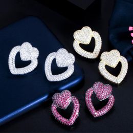 Stud Earrings ThreeGraces Unique Mirco Pave Cubic Zirconia Silver Color Double Love Heart Earring For Ladies Korean Tendy Jewelry ER647