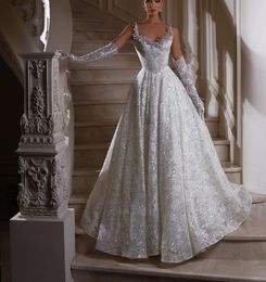 Stylish Ball Gown Wedding Dresses V Neck Straps Long Sleeves Sequins Appliques Beaded Floor Length Ruffles 3D Lace Shiny Bridal Gowns Plus Size Vestido de novia