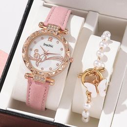 Wristwatches Female Ladies Watch Bracelet Set Quartz Wristwatch Crystal Rhinestone Pearl Women Clock Gift Leather Strap