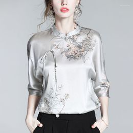 Women's Blouses Femme Chinese Style Printing Silk Half Sleeve Stand Collar Blouse Autumn Office Lady Buttons Women Shirts Simplicity Lacing