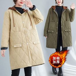 Women's Trench Coats 2023 Autumn And Winter Padded Coat Large Size Thickened Hooded Quilted Argyle Jacket Loose Medium Long Cotton Clothes