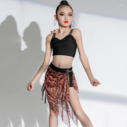 Stage Wear 2023 Fashion Latin Dance Costumes For Girls Black Sling Tops Leopard Print Mesh Skirt Suit Practise Clothes Dress DN14978