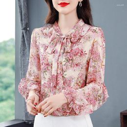 Women's Blouses 2023 Office Shirt Womens Bow Tied Collar Vintage Work Casual Tops Chiffon Blouse Elegant Long Sleeve Loose Shirts A547