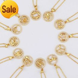 YWLY Zodiac Necklace 18K Gold Jewellery Women Fashion Gold Filled Crystal Rhinestone Zodiac Sign Necklace Zodiac