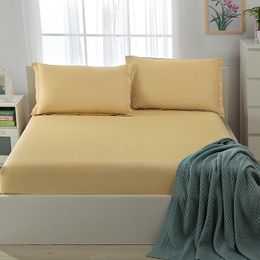 Set Simple Solid Home Fitted Sheet Queen Size Plain with Elastic Band Mattress Cover Soft Comfortable Single Double Bed Sheets Linen