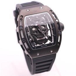 Domineering BOYUHENG Baterry 43MM Black Skull Skeleton Dial Two Hands Mens Watches Tonneau Case Transparent Quartz Movement Wristw270E