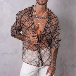 Men's Polos Fashion Pattern Printing Mens Shirt Sexy See Through Mesh Thin Shirts Long Sleeve Buttonup Turndown Collar Casual Cardigan Men 230512