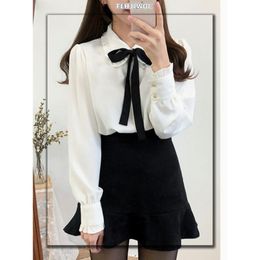 Shirts Chiffon Blouses Shirts New Hot Sales Preppy Style Girls Bow Tie Tops Cute Sweet Korean Temperament Lady Peter Pan Collar Shirt