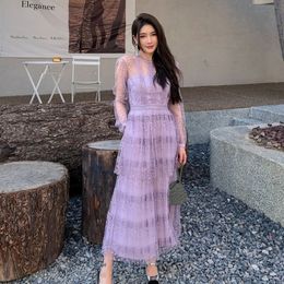 New S-elf-Portrait Lilac Tiered Lace Midi Dress Long Sleeve Slim Fit Dress for Women