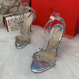 2023 New Sweet Crystal Chain Red Sole Stiletto Sandal Fashion Silver Color 12cm 10cm 8cmRed Bottoms Thin High Heels Women Fashion Sandals Shoes