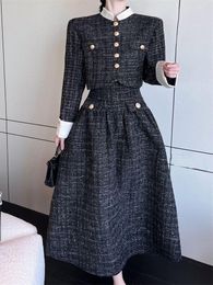Work Dresses High Quality Fall Winter Korean OL Tweed Two Piece Set Women Crop Top Woolen Jacket Coat A Line Long Skirts Chic Suits