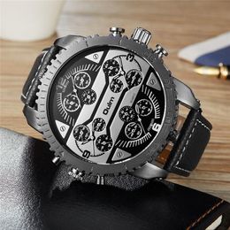 Wristwatches Oulm Big Size Large Dial Men Watches 4 Time Zone Quartz Watch Male Clock Casual Leather Sport Men's WristwatchesWristwatche