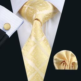 Bright Yellow Silk Tie for Men Hanky Cufflinks Set Mens Jacquard Woven Business Formal Necktie 8 5cm Width Casual Set N-1036251J