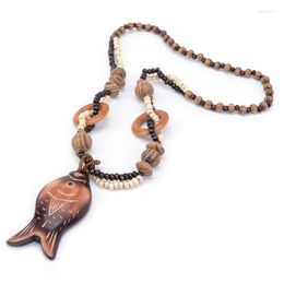 Pendant Necklaces Bohemian Retro National Wind Bead Necklace Wooden Hand Carved Fish Polycyclic Jewellery Christmas Gift