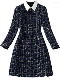 Casual Dresses Autumn Winter Tweed Dress For Women Fashion Navy Blue Plaid Bow Tie Long Sleeve Diamonds Button Vintage Woolen Short