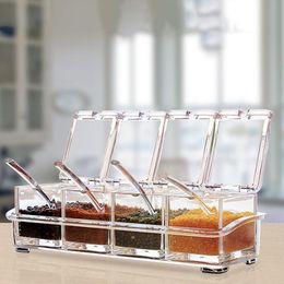 Organisation 4Pcs/Set Clear Seasoning Rack Spice Pots Storage Container Condiment Jars Cruet With Cover And Spoon Kitchen Utensils Supplies