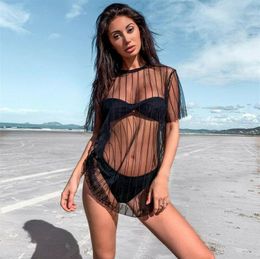 Cover-up Summer Beach Women Sexy Mesh Sheer Bikini Cover Up Short Sleeve Striped Dress Swimwear Swimsuit Bathing Beachwear Dresses