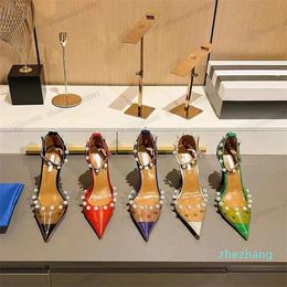 scarpe eleganti 2023 moda donna perline tacchi alti sfera di cristallo scarpe di cristallo in pelle sandali con tacco aquazzuras tendenza matrimonio designer