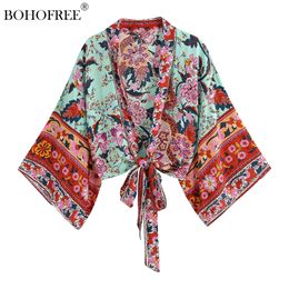 Cover-up Boho Vintage Floral Print Sashes short Kimono Women 2023 Fashion Ladies Blouses Casual V Neck batwing Sleeves bohemian CoverUp