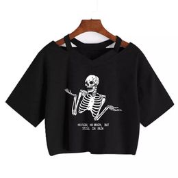 T-Shirt women Vneck loose shortsleeve Tshirt Harajuku shirt Streetwear Y2K Aesthetic clothing Tee gothic clothes crop top Punk Skull