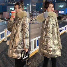 Women's Trench Coats QingWen Winter Korean Hooded Golden Shiny Bright Cotton-padded Jacket Women Mid-length Loose Female Waterproof Parkas