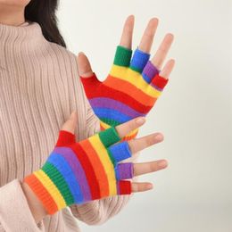 Five Fingers Gloves Kids Winter Knitted Full Half Finger Rainbow Colourful Striped Mittens H7EF213B