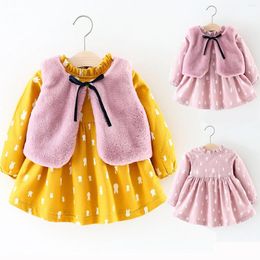 Girl Dresses Fashion Toddler Infant Kids Baby Girls Two-Piece Printing Long Sleeve Princess Party Bottoming Dress Fur Vest Outfits Set#g4