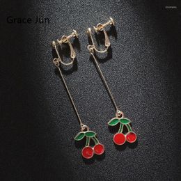 Backs Earrings Grace Jun Handmade Enamel Red Cherry Long Clip On And Pierced Gold Colour Ear Factory Direct Wholesale