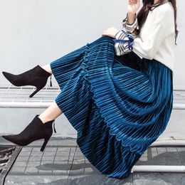 Skirts Women's Skirt Autumn High Waist Pleated Plus Size Black Long Fashion Korean Velvet Ruffle Maxi Solid A Line