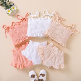 Clothing Sets Infant Baby Girls Two-Piece Clothes Outfit Tie-Up Spaghetti Strap Sleeveless Ruched Solid Colour Tank Tops Shorts