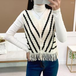 Women's Vests Women V-Neck Single Breasted Hollow Out Crochet Vest Striped Sleeveless Jacket Waistcoat Knit Cardigan Mujer With Tassel