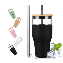 Mugs Cover Sleeve 32Oz Silicone With 32Oz Glass Tumblers With Bamboo Lid And Plastic Straw 0513