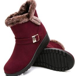 Whole Women Warm Shoes 3 Colors Red Mid-calf Round Toe Women Snow Boots Fox Fur Button Women Winter Boots 286w