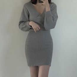 Casual Dresses V-Neck Cross Slim Design A-Line Dress Spring And Autumn Solid Colour Long Sleeved Sexy Nightclub Tights Mini Women Vesidos