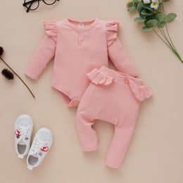 Clothing Sets 2Pcs Baby Girls Clothes Autumn Outfit Solid Colour Long Sleeve Round Collar Knitted Romper Ruffle Splicing Pants Set
