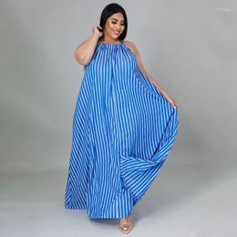 Plus Size Dresses KEXU Stripe Print Women Maxi Dress Sleeveless Hater Long Loose Casual Beach Fashion Bohemian Street Wear