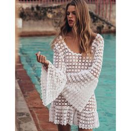 Sarongs Women Lace Crochet Backless Bathing Suit Bikini Swimwear Cover Up Beach Dress Mini V-neck Skirt