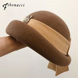 Fibonacci Fashion Hat Elegant Female Fedoras Wool Felt Hat Ribbon Bow Floral Formal Berets Fedora Hats for Women Winter240m