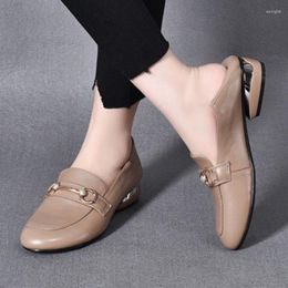 Dress Shoes 2023 Women's Soft Leather Middle Heel Square Buckle Thick Females Fashion Leisure Spring Ladies Pumps