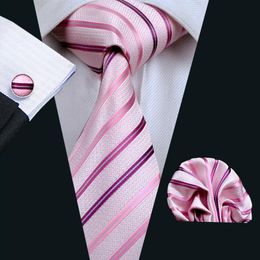 Pink Stripe Silk Tie Set Hanky Cufflinks Mens Necktie Jacquard Woven Business Casual Set Formal Ties N-02282533