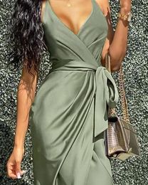 Casual Dresses EWSFV 2023 Dress Female Summer Halter Belt V Collar Solid Color Midskirt Midwaist Strap Irregular Western Style