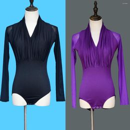 Stage Wear Latin Dance Tops Adult Ballroom Tango Tap Top Fringe Bodysuit Shirts Competition Costume Practise Black/Purple