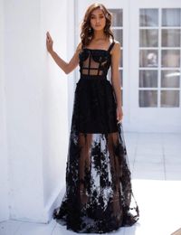 Sexy Black Evening Dresses Formal Prom Party Gown A Line Spaghetti Floor-Length Sweep Train Applique Lace Tulle long Backless Illusion