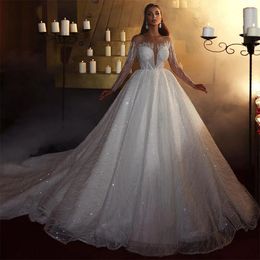 Elegant Ball Gown Wedding Dresses Long Sleeves V Neck Sequins Applique Ruffles Bridal Gowns Beads 3D Lace Layered Formal Plus Size Custom Made Vestido de novia