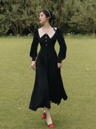 Casual Dresses England Style Autumn Spring Women Black Midi Dress Turn-Down Collar Elegant Sashes A-Line Vintage Feminine Chic Long