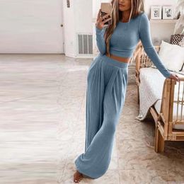 Womens Two Piece Pants Elegant Rib Knitted Women Homewear Casual O-Neck Tops And Wide Leg Suits 2023 Spring Solid Sets Female Pyjamas