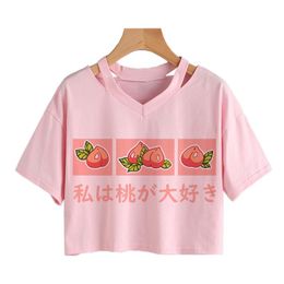 T-Shirt Cartoon Peach Juice Tee Japanses Cute Aesthetic Vneck T shirt Women Harajuku Pink Kawaii Crop tops Summer Casual Y2k Tumblr Top